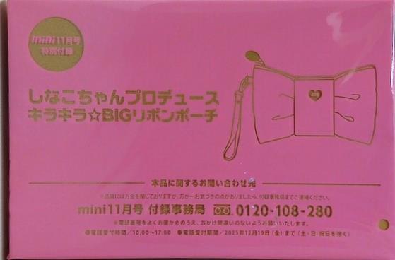 しなこちゃんプロデュース キラキラ☆BIGリボンポーチ mini 2025年 11月号 特別付録